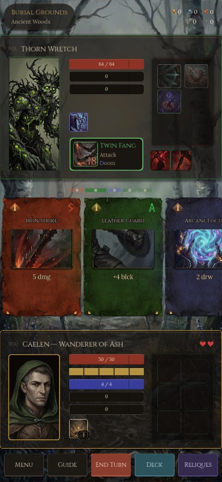 Combat — a hand of rune cards against the Wraith Hound